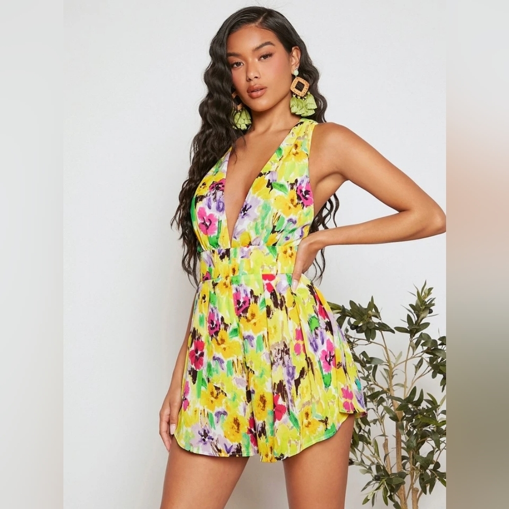 Shein Vcay Floral Plunging Neck Twist Romper Pleated Halter Yellow Size Small